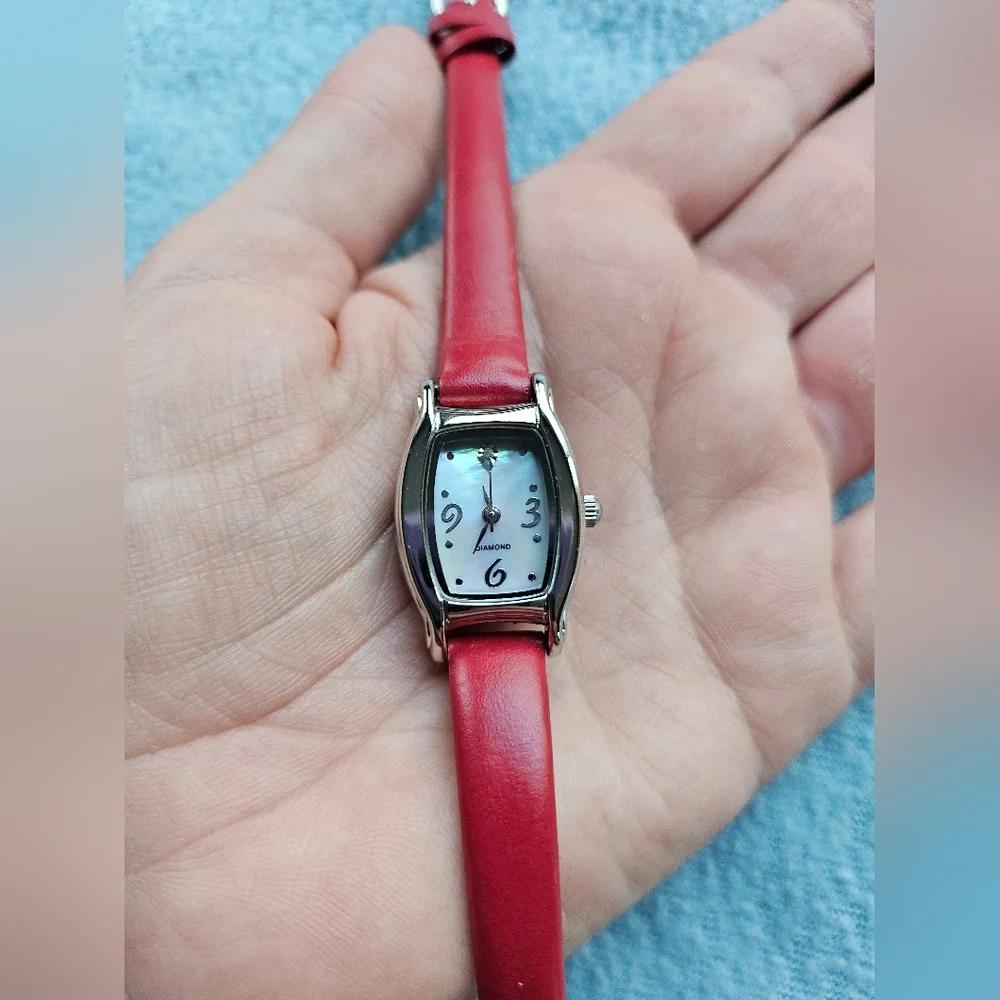 Avon Diamond Accent Watch, Mother of Pearl Dial, Red, Silver, NWT - Picture 2 of 14
